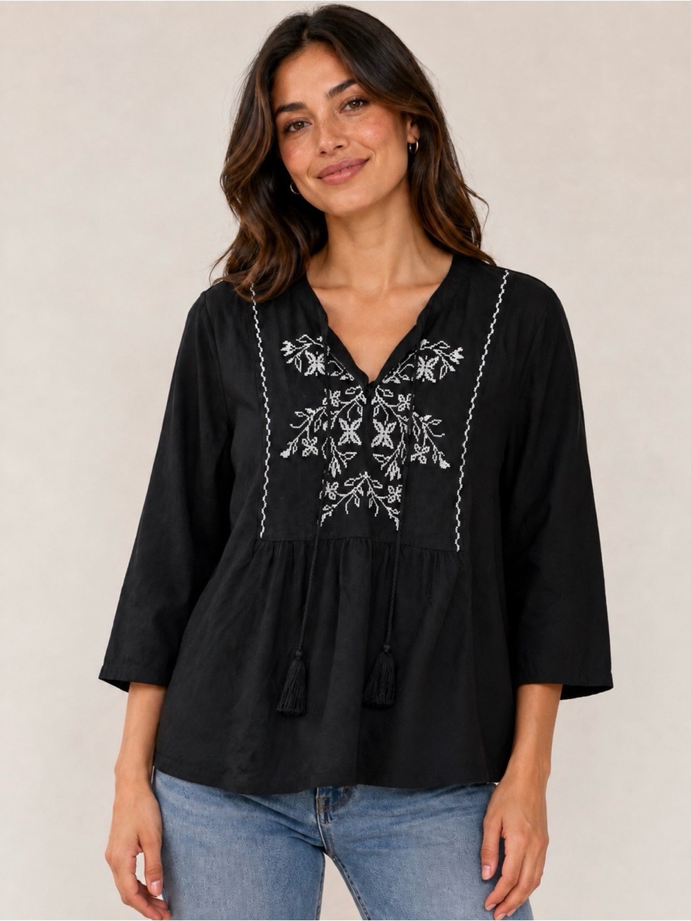 Avon Black Embroidered V-Neck Tunic Top